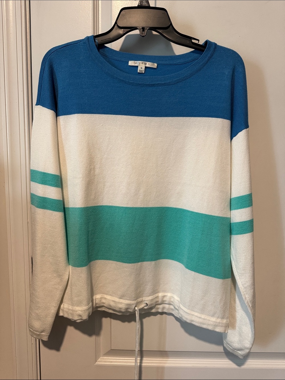 Lightweight Striped Crewneck Sweater - Blue, White & Teal, medium